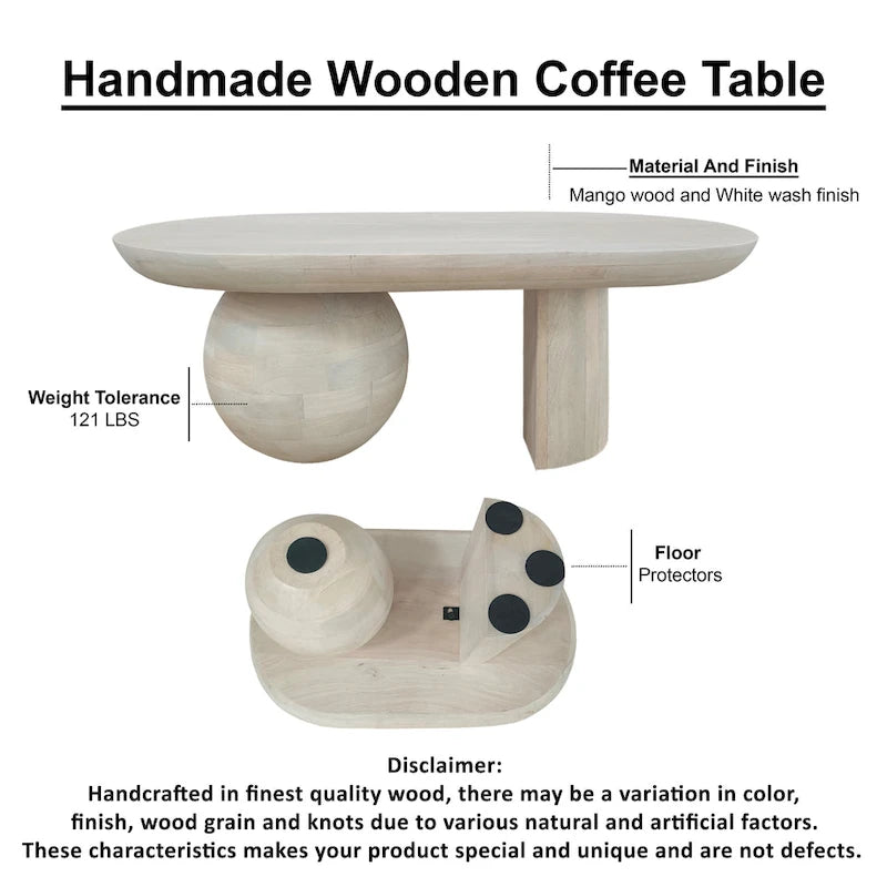 Mesa de centro de 38 pulgadas, tapa oblonga de madera de mango con patas esféricas modernas