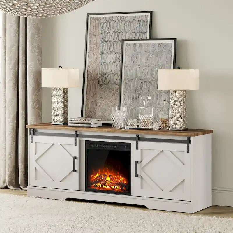 Mueble de TV para Chimenea, Estante, Centro de Entretenimiento estilo Rústico con Puertas Correderas de Granero