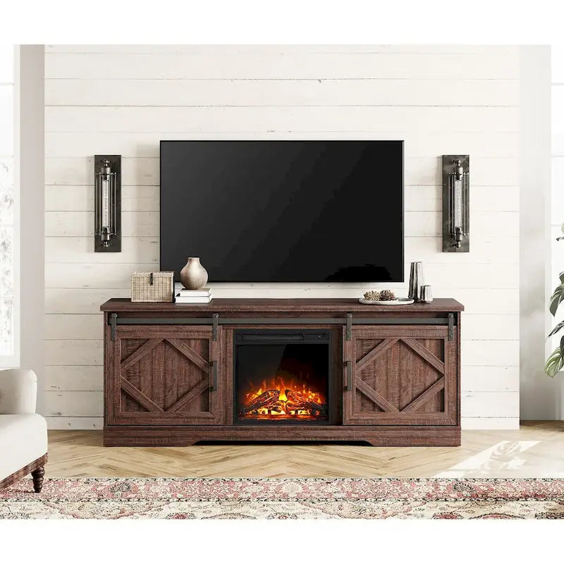 Mueble de TV para Chimenea, Estante, Centro de Entretenimiento estilo Rústico con Puertas Correderas de Granero