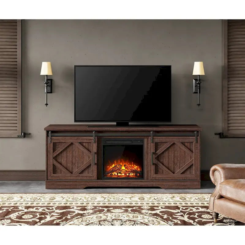 Mueble de TV para Chimenea, Estante, Centro de Entretenimiento estilo Rústico con Puertas Correderas de Granero