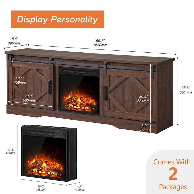 Mueble de TV para Chimenea, Estante, Centro de Entretenimiento estilo Rústico con Puertas Correderas de Granero