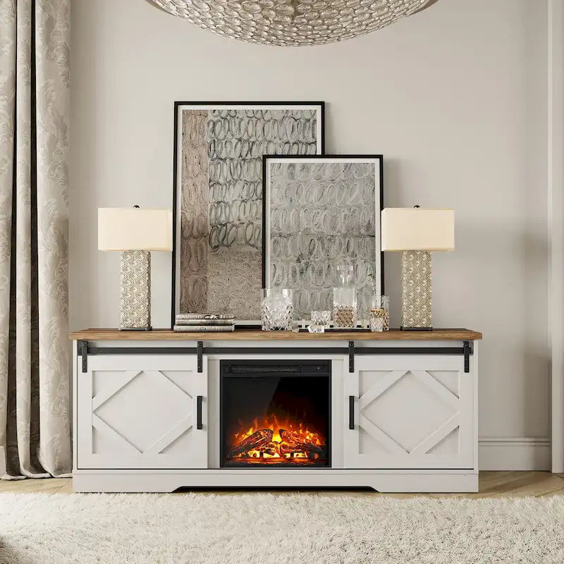 Mueble de TV para Chimenea, Estante, Centro de Entretenimiento estilo Rústico con Puertas Correderas de Granero