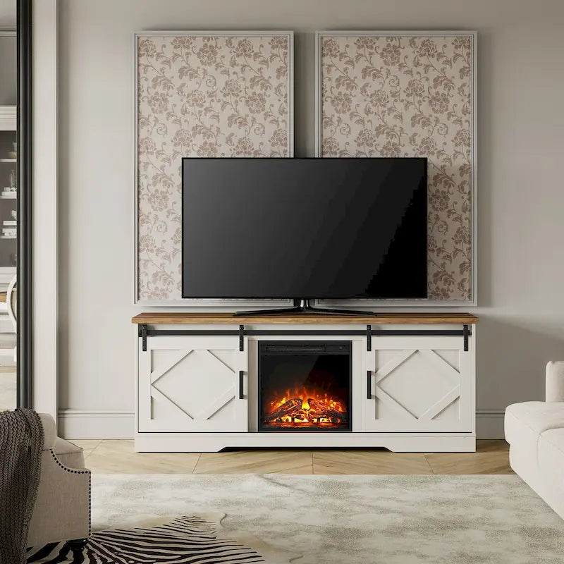 Mueble de TV para Chimenea, Estante, Centro de Entretenimiento estilo Rústico con Puertas Correderas de Granero