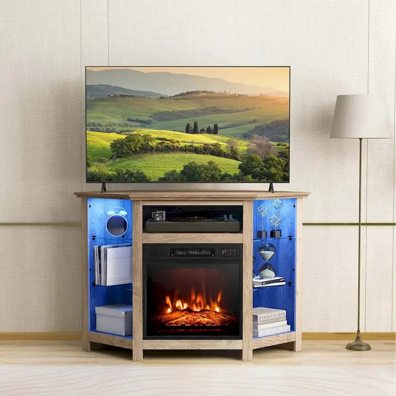 Mueble para TV con chimenea eléctrica y luces LED