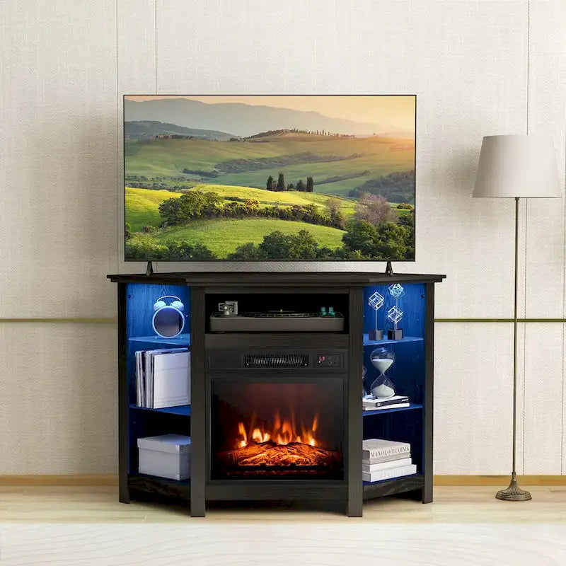 Mueble para TV con chimenea eléctrica y luces LED