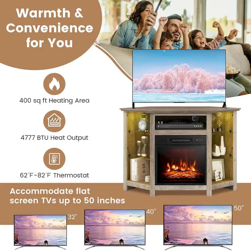Mueble para TV con chimenea eléctrica y luces LED
