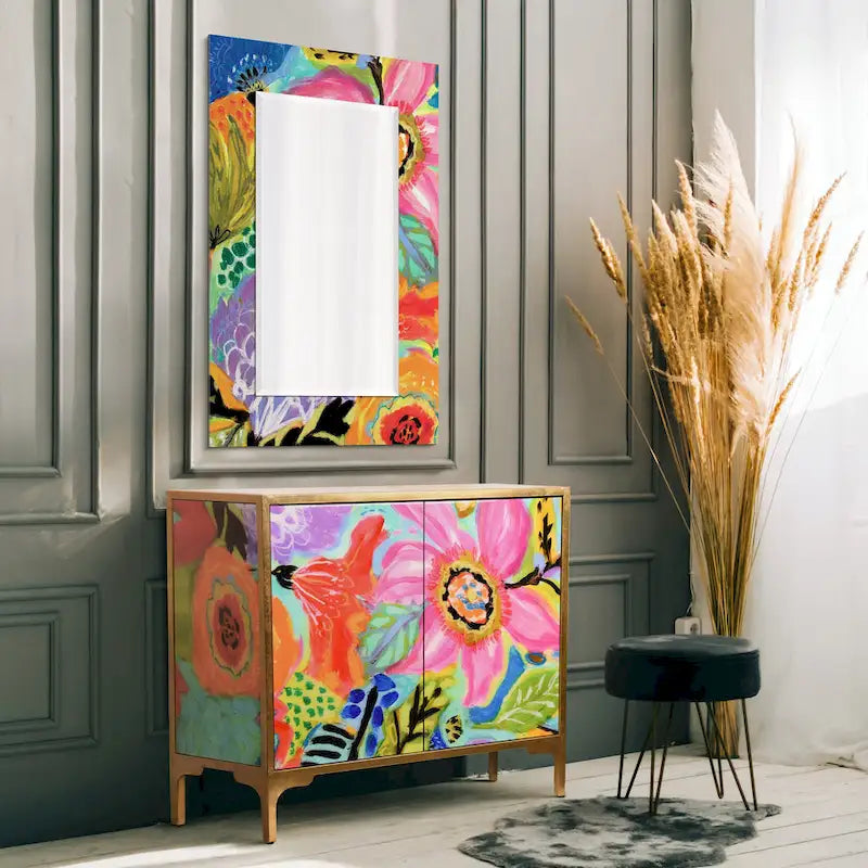 Juego de mesa consola y espejo de cristal biselado con impresión inversa floral Secret Garden