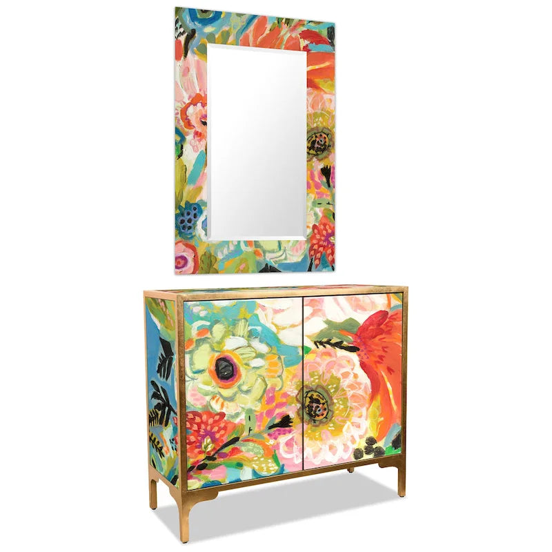 Juego de mesa consola y espejo de cristal biselado con impresión inversa floral Secret Garden