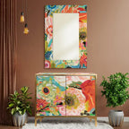 Juego de mesa consola y espejo de cristal biselado con impresión inversa floral Secret Garden