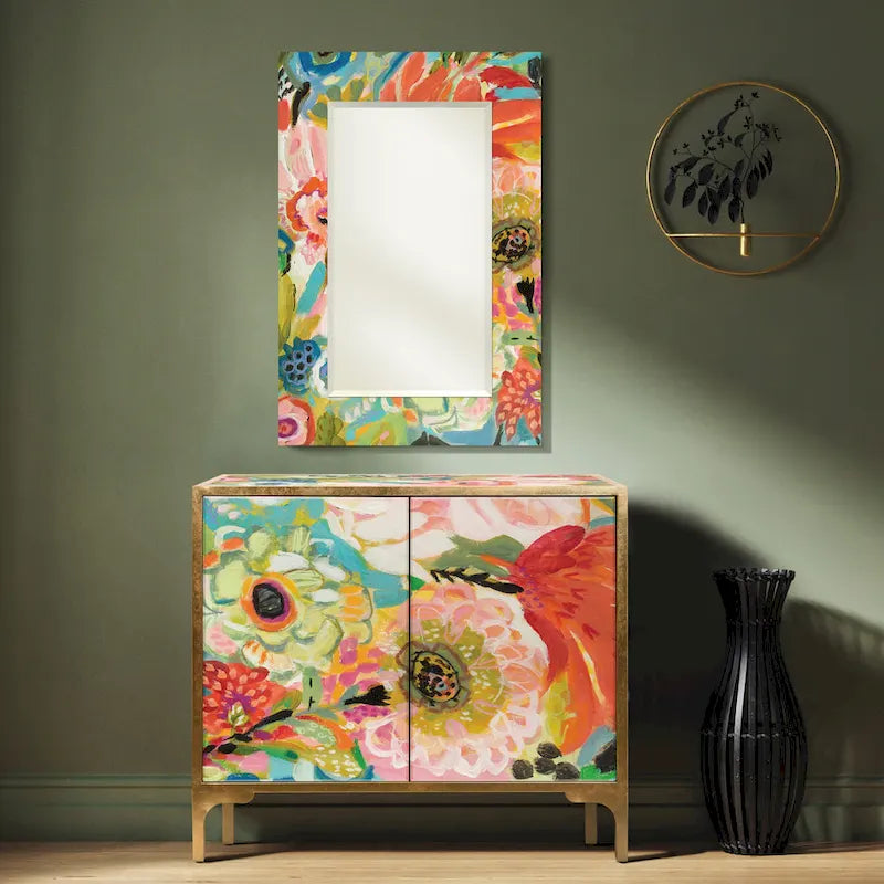 Juego de mesa consola y espejo de cristal biselado con impresión inversa floral Secret Garden