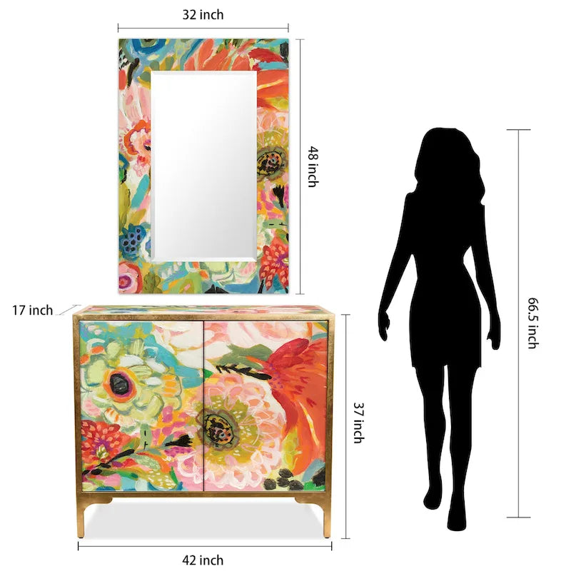 Juego de mesa consola y espejo de cristal biselado con impresión inversa floral Secret Garden