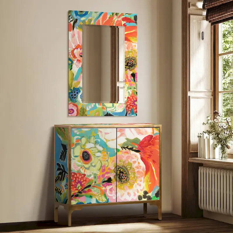 Juego de mesa consola y espejo de cristal biselado con impresión inversa floral Secret Garden