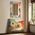 Juego de mesa consola y espejo de cristal biselado con impresión inversa floral Secret Garden