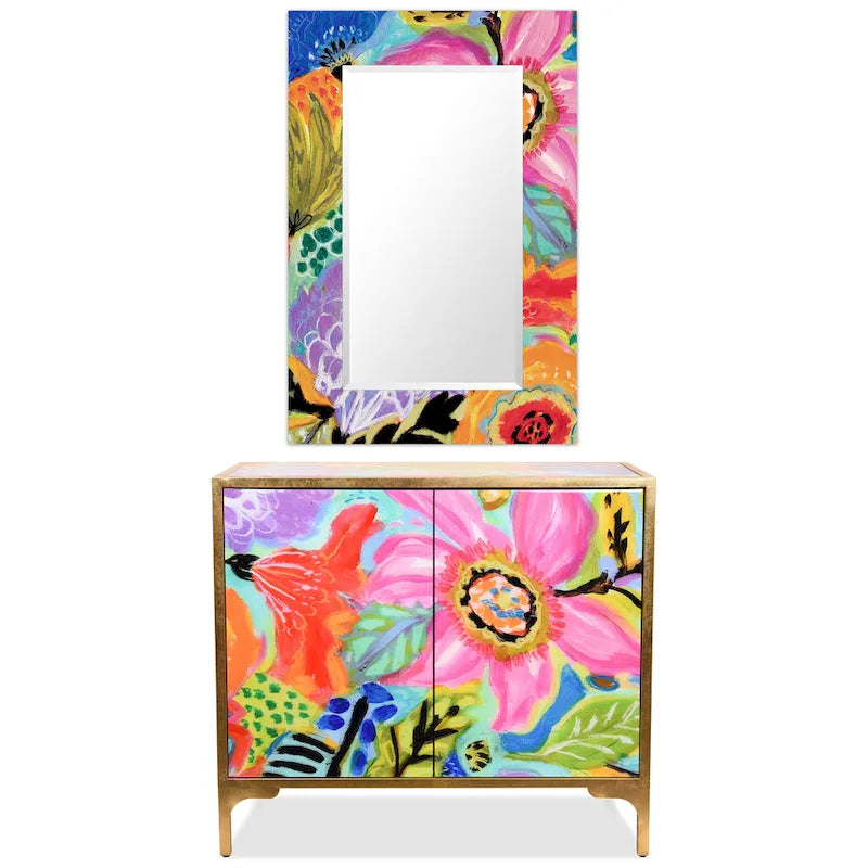 Juego de mesa consola y espejo de cristal biselado con impresión inversa floral Secret Garden