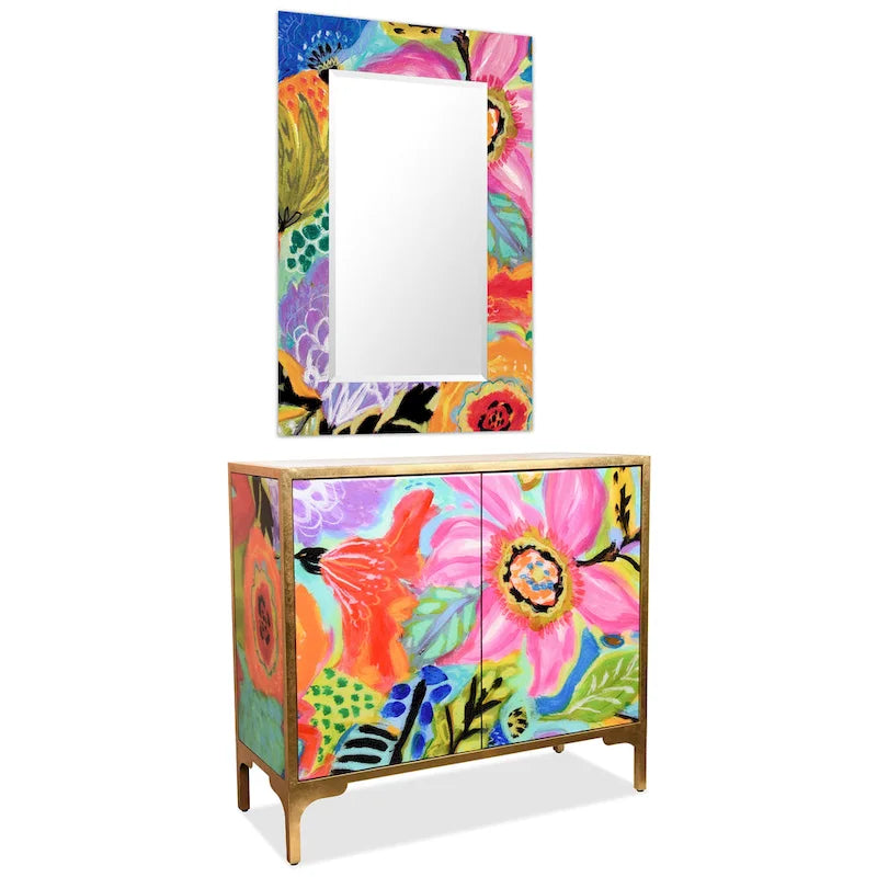 Juego de mesa consola y espejo de cristal biselado con impresión inversa floral Secret Garden