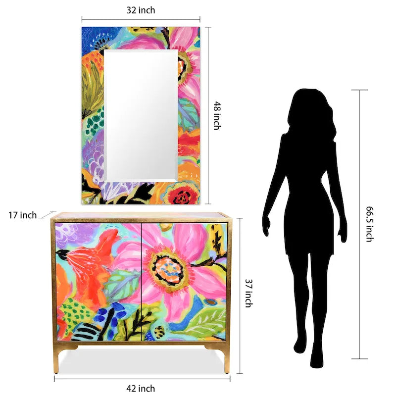 Juego de mesa consola y espejo de cristal biselado con impresión inversa floral Secret Garden