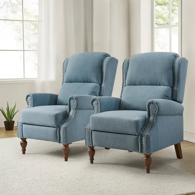 Sillón reclinable manual tradicional con brazos enrollados y patas de madera maciza
