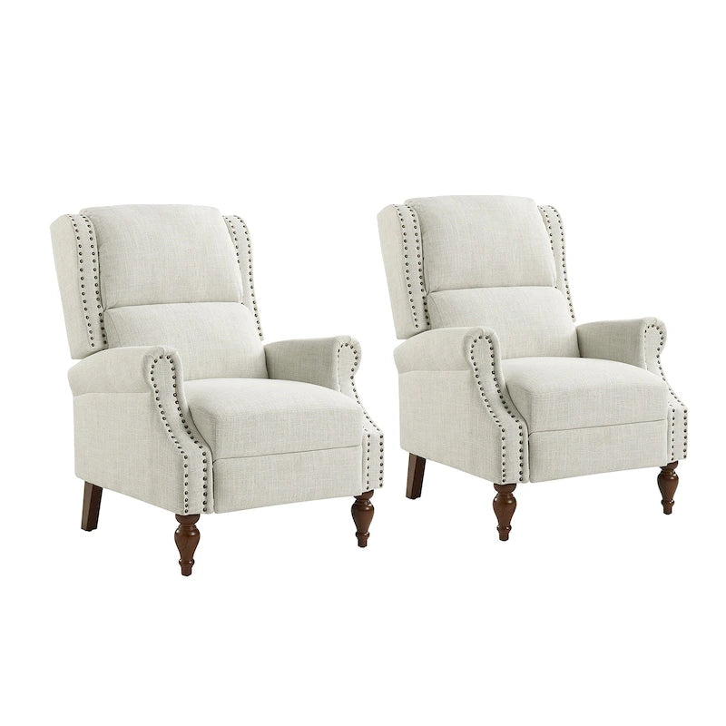 Sillón reclinable manual tradicional con brazos enrollados y patas de madera maciza