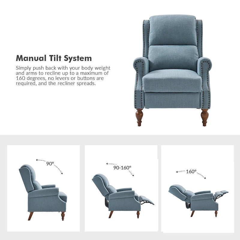 Sillón reclinable manual tradicional con brazos enrollados y patas de madera maciza