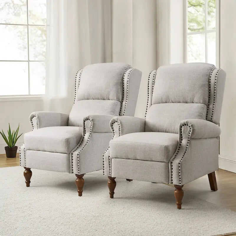 Sillón reclinable manual tradicional con brazos enrollados y patas de madera maciza