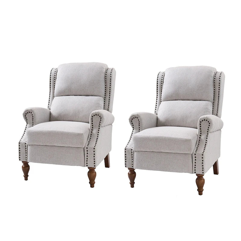 Sillón reclinable manual tradicional con brazos enrollados y patas de madera maciza