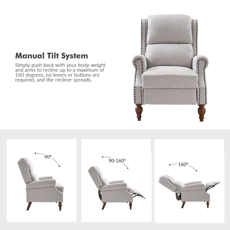 Sillón reclinable manual tradicional con brazos enrollados y patas de madera maciza