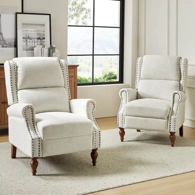 Sillón reclinable manual tradicional con brazos enrollados y patas de madera maciza