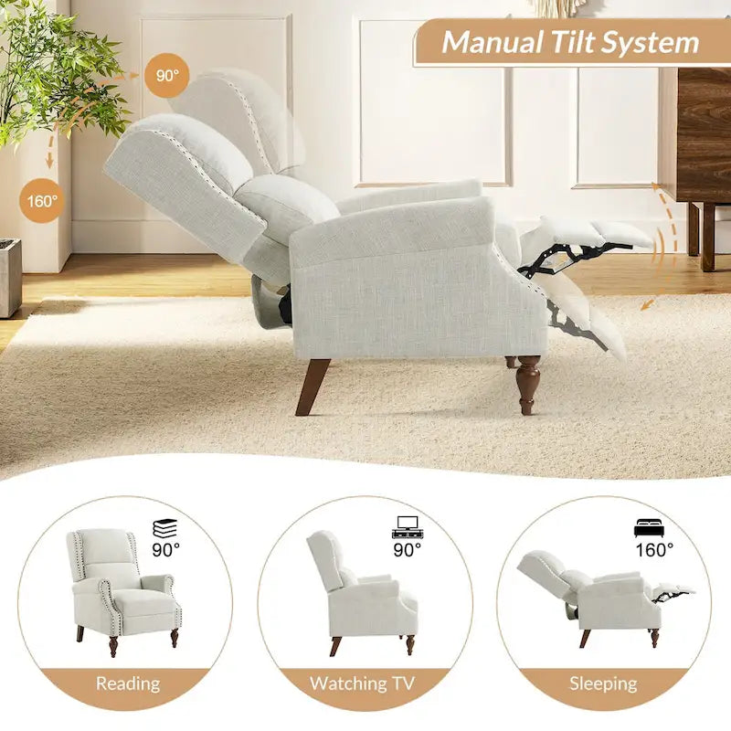 Sillón reclinable manual tradicional con brazos enrollados y patas de madera maciza