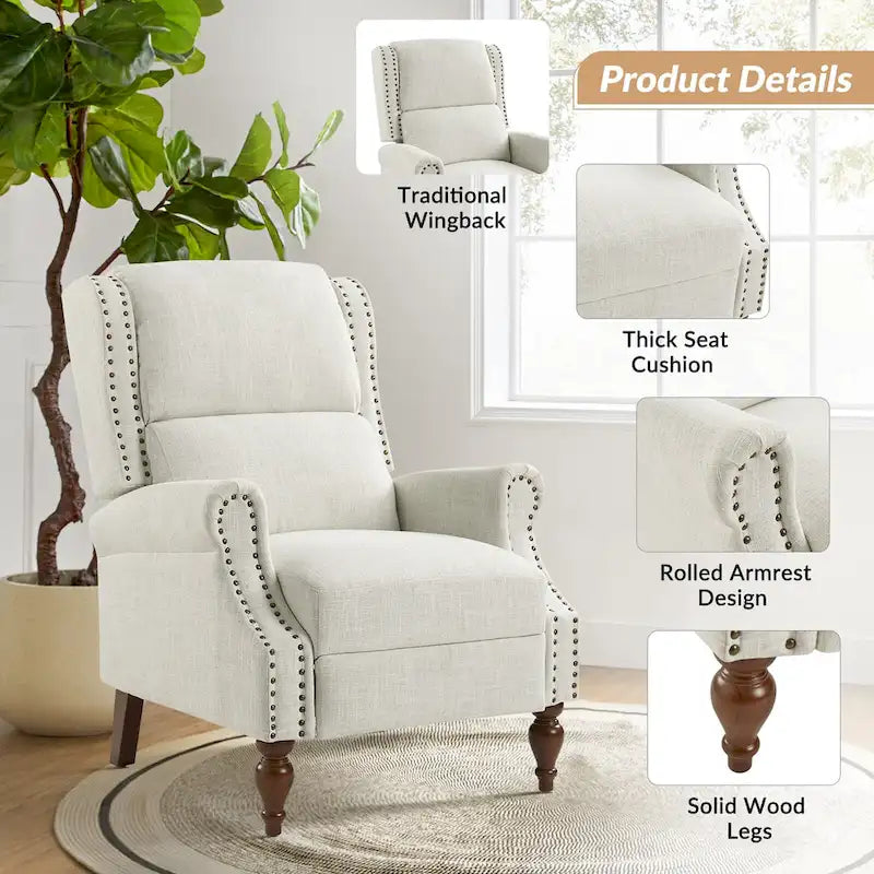 Sillón reclinable manual tradicional con brazos enrollados y patas de madera maciza