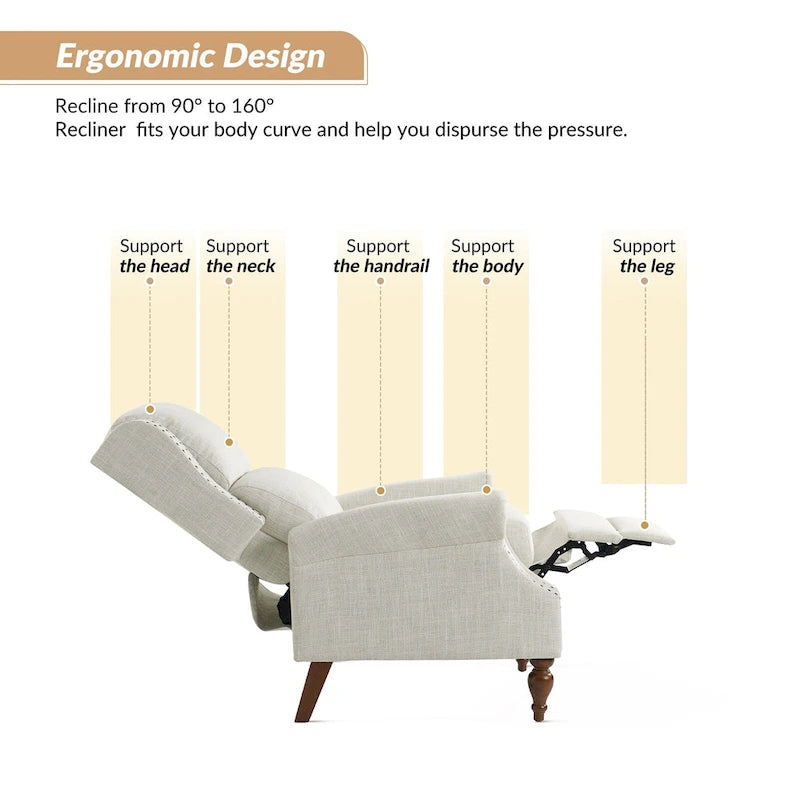Sillón reclinable manual tradicional con brazos enrollados y patas de madera maciza