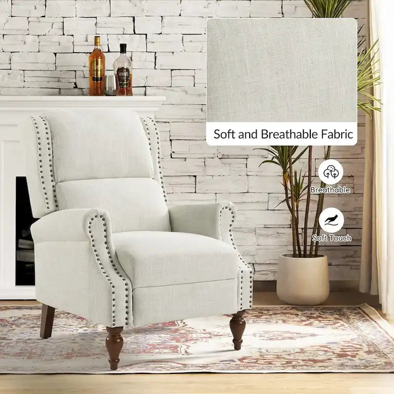 Sillón reclinable manual tradicional con brazos enrollados y patas de madera maciza