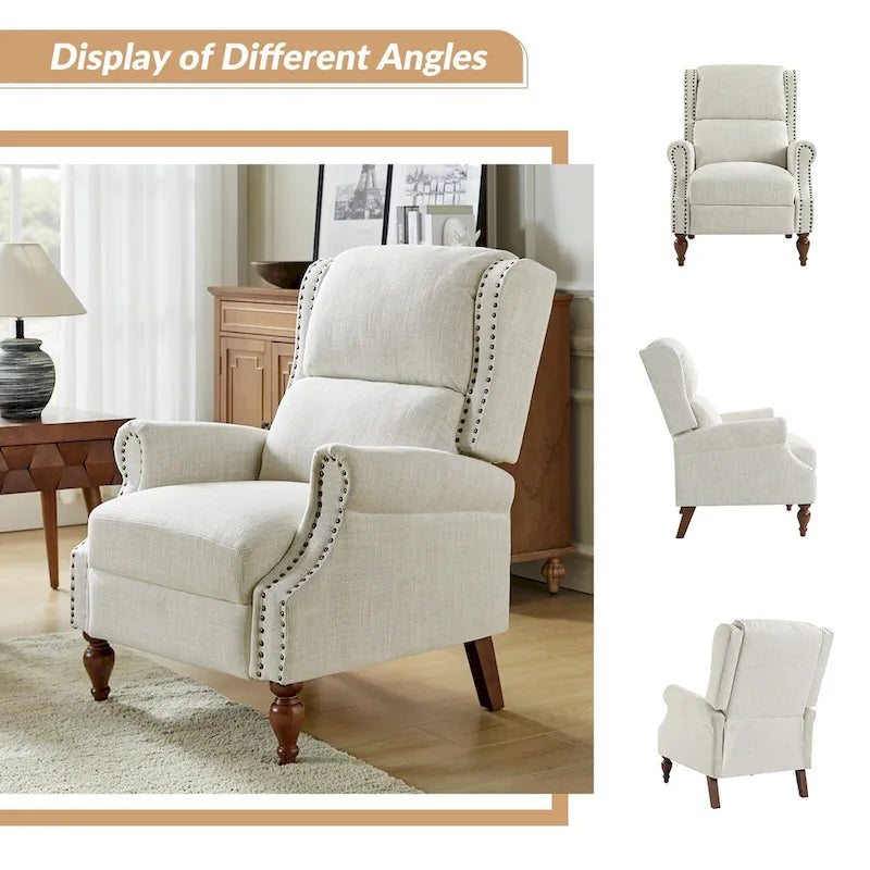 Sillón reclinable manual tradicional con brazos enrollados y patas de madera maciza