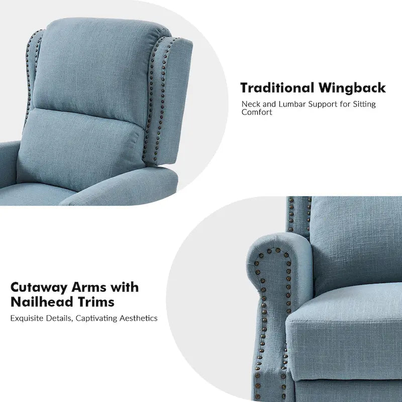 Sillón reclinable manual tradicional con brazos enrollados y patas de madera maciza