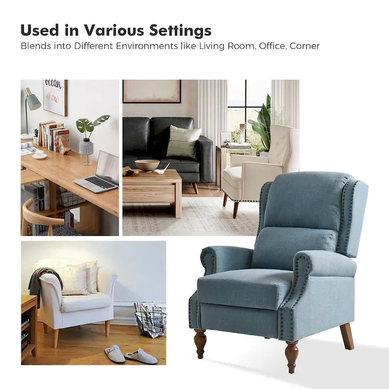 Sillón reclinable manual tradicional con brazos enrollados y patas de madera maciza