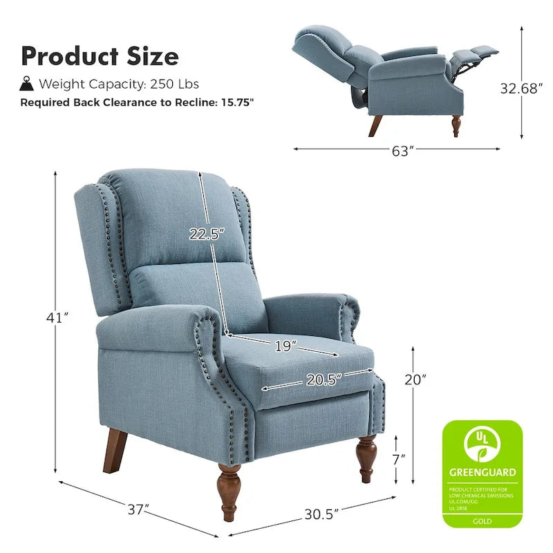 Sillón reclinable manual tradicional con brazos enrollados y patas de madera maciza