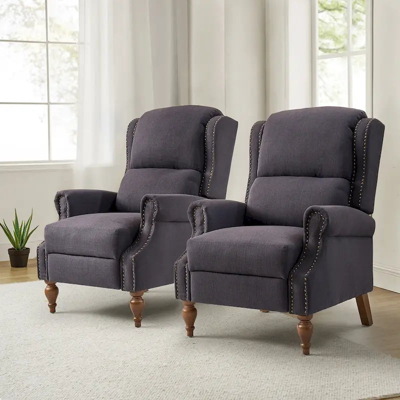 Sillón reclinable manual tradicional con brazos enrollados y patas de madera maciza