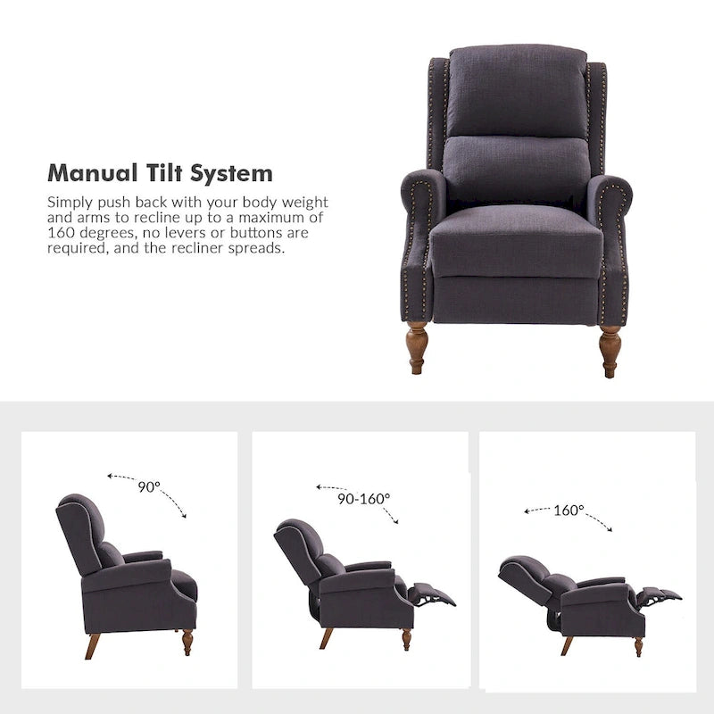 Sillón reclinable manual tradicional con brazos enrollados y patas de madera maciza