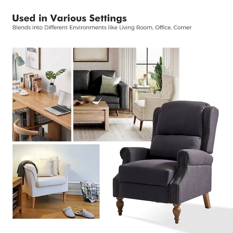 Sillón reclinable manual tradicional con brazos enrollados y patas de madera maciza