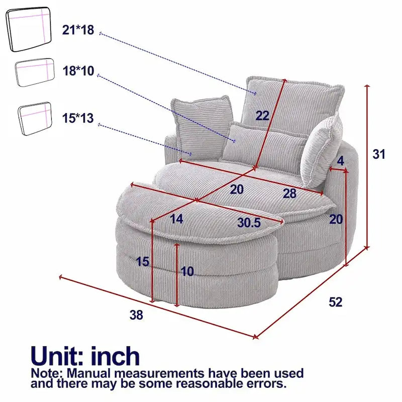 Sillón giratorio de gran tamaño con otomana de almacenamiento Moon con 4 almohadas