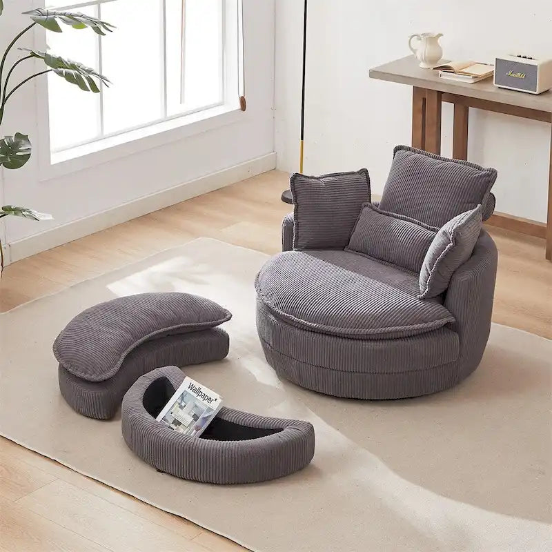 Sillón giratorio de gran tamaño con otomana de almacenamiento Moon con 4 almohadas