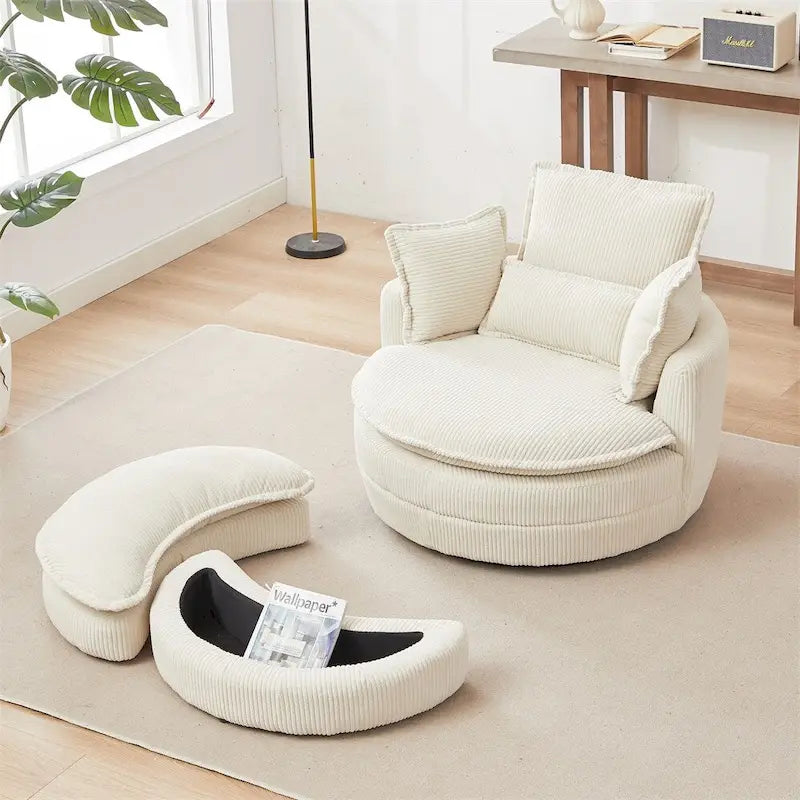 Sillón giratorio de gran tamaño con otomana de almacenamiento Moon con 4 almohadas