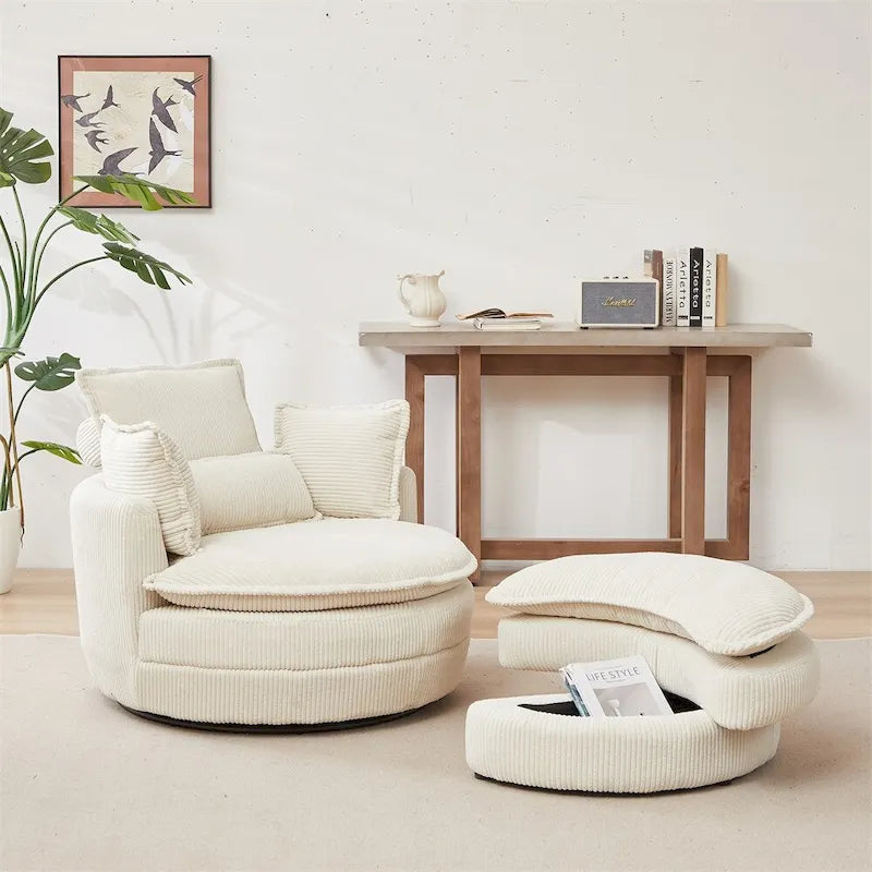 Sillón giratorio de gran tamaño con otomana de almacenamiento Moon con 4 almohadas
