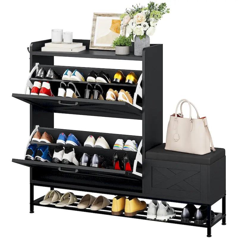 Armario de almacenamiento de zapatos de granja con banco para zapatos, almacenamiento de zapatos para entrada con 2 cajones abatibles para 16 pares - 9.4W x 47.1L x 41.3H