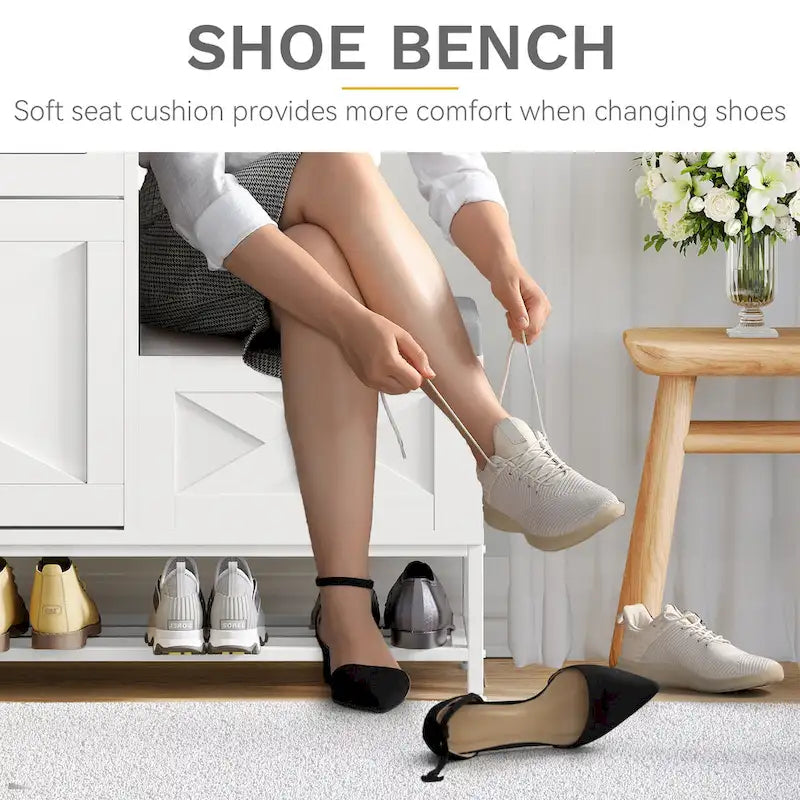 Armario de almacenamiento de zapatos de granja con banco para zapatos, almacenamiento de zapatos para entrada con 2 cajones abatibles para 16 pares - 9.4W x 47.1L x 41.3H