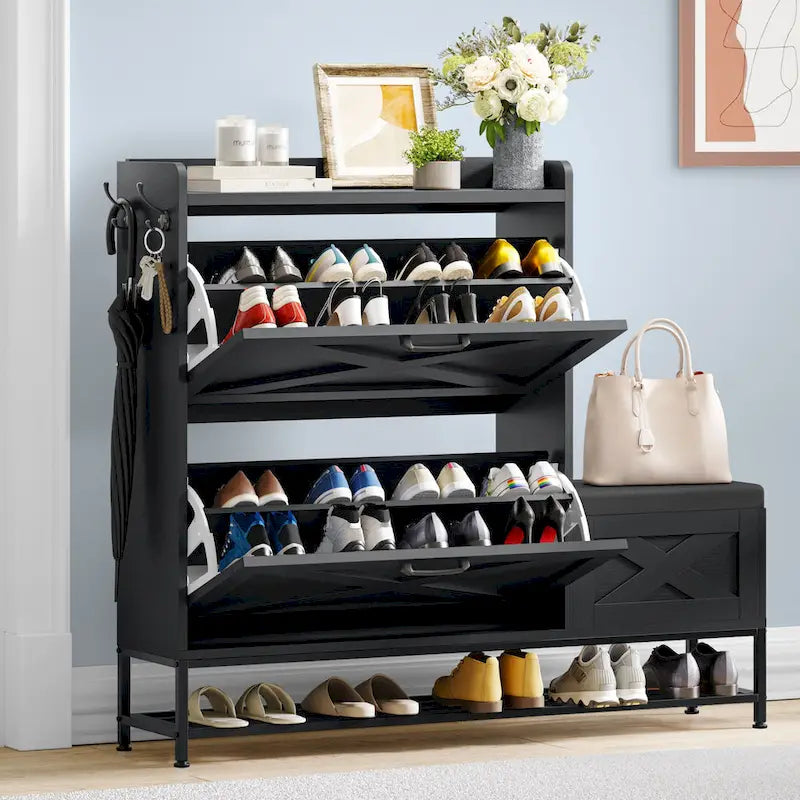 Armario de almacenamiento de zapatos de granja con banco para zapatos, almacenamiento de zapatos para entrada con 2 cajones abatibles para 16 pares - 9.4W x 47.1L x 41.3H