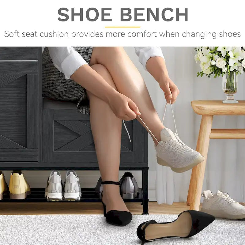 Armario de almacenamiento de zapatos de granja con banco para zapatos, almacenamiento de zapatos para entrada con 2 cajones abatibles para 16 pares - 9.4W x 47.1L x 41.3H