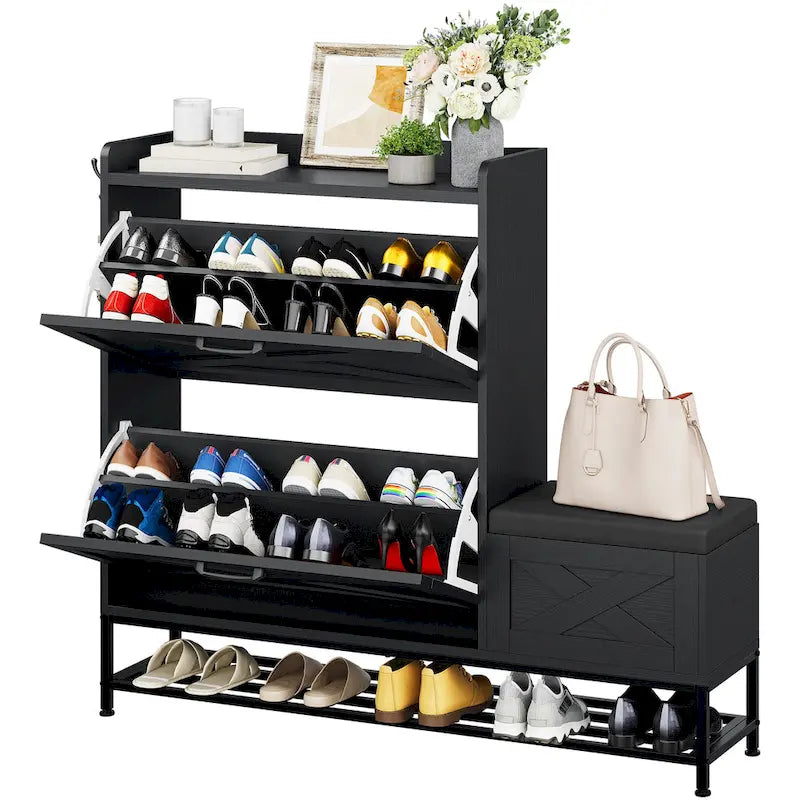 Armario de almacenamiento de zapatos de granja con banco para zapatos, almacenamiento de zapatos para entrada con 2 cajones abatibles para 16 pares - 9.4W x 47.1L x 41.3H