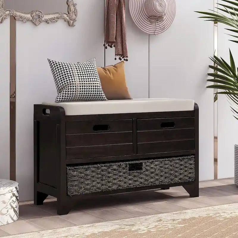 Banco de almacenamiento de madera maciza con 3 cajones