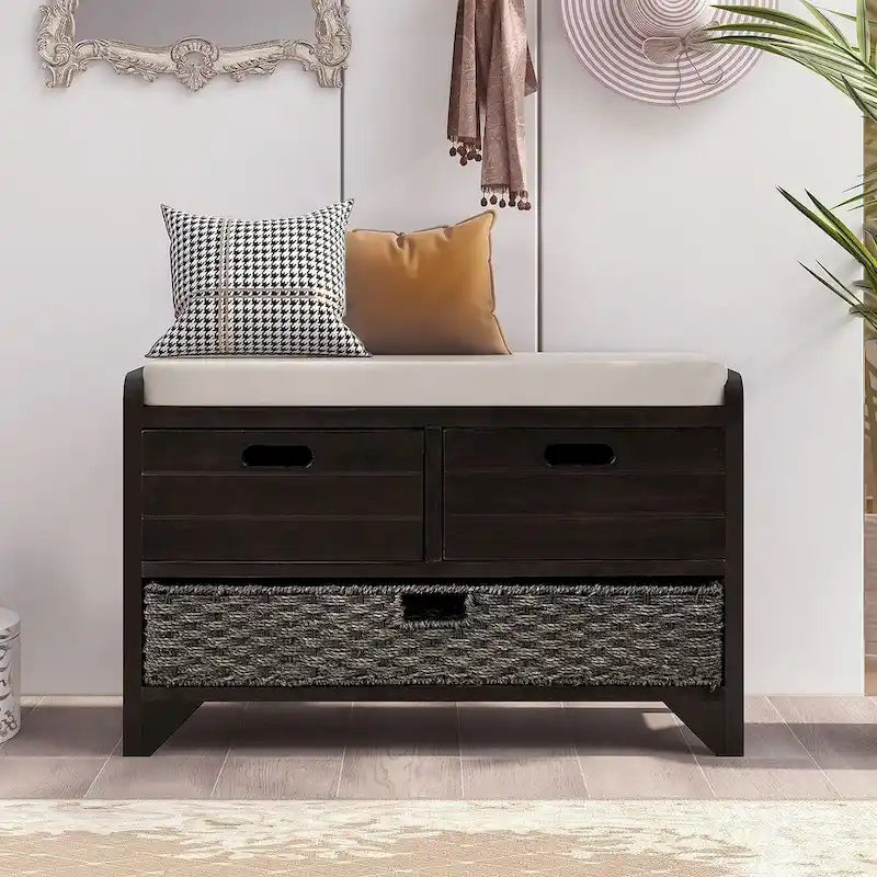 Banco de almacenamiento de madera maciza con 3 cajones