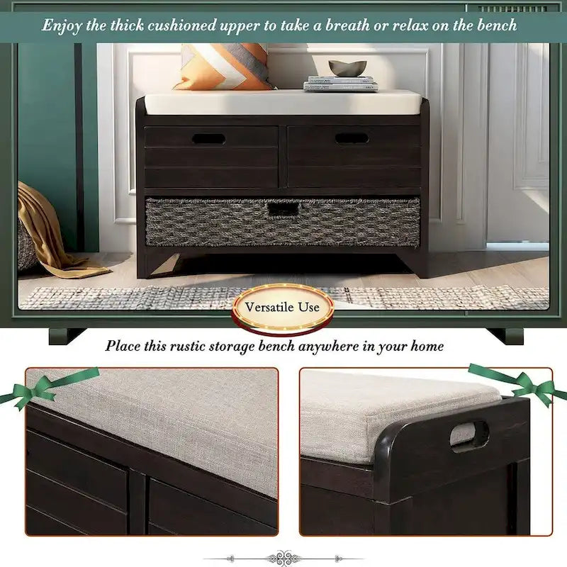 Banco de almacenamiento de madera maciza con 3 cajones